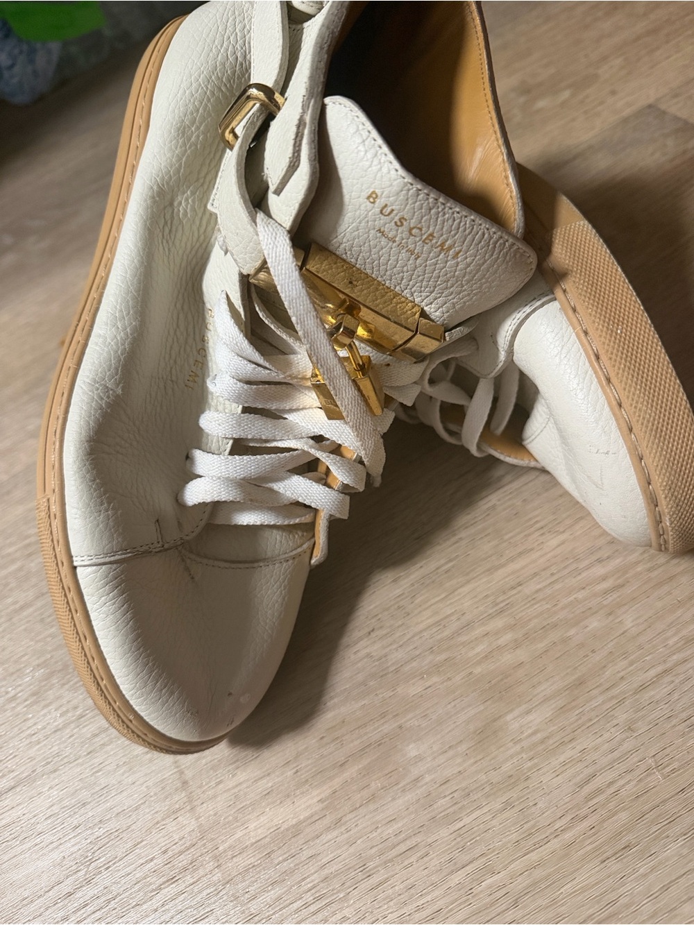 Buscemi Cream Leather Low-Top Sneakers with Gold Hardware
